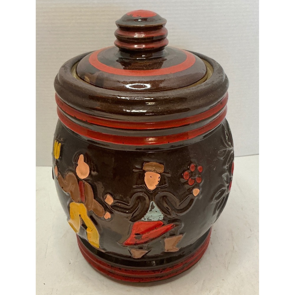 Unbranded Vintage Ceramic Cookie Jar Folk Art Dancing Couple Brown‎ Red 8.5in